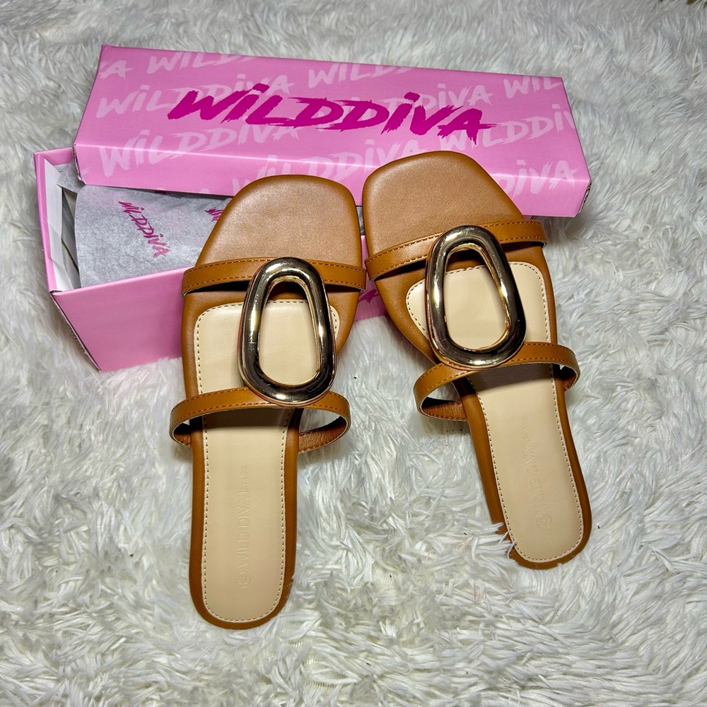 Wild Diva Tan Sandals with Gold Buckle